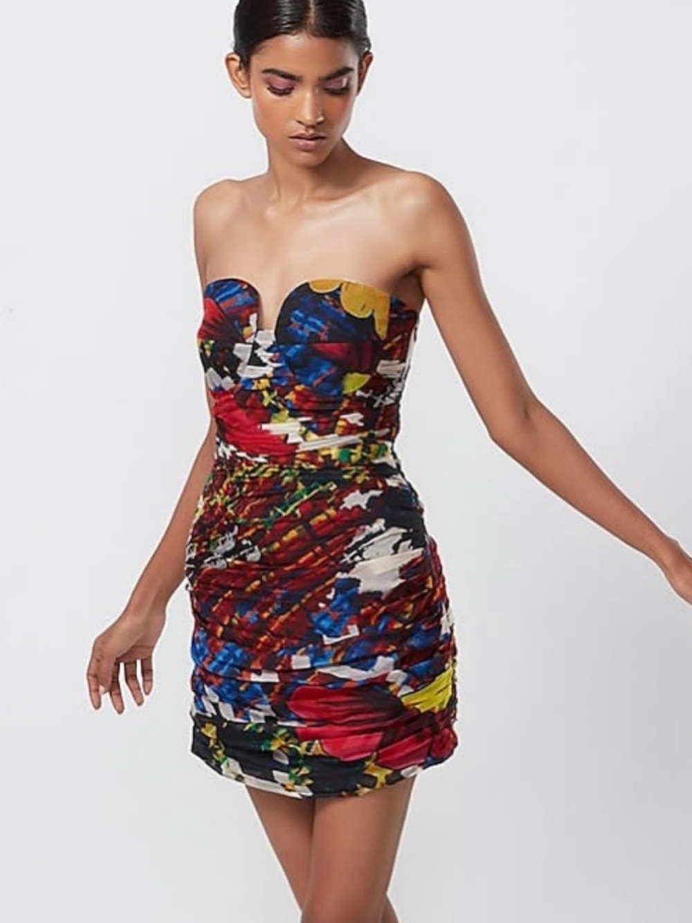 Strapless Multicolor Floral Ruched Mini Dress